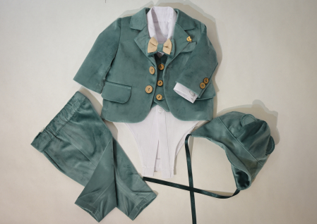 Costume botez - Costum botez verde menta din catifea Razvan
