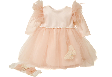 Rochii botez - Rochita botez Monica cu fluturas si pene roz praf