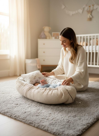Baby Nest - Baby Nest Reversibil Nature Beige cu Pernă pentru Bebeluși