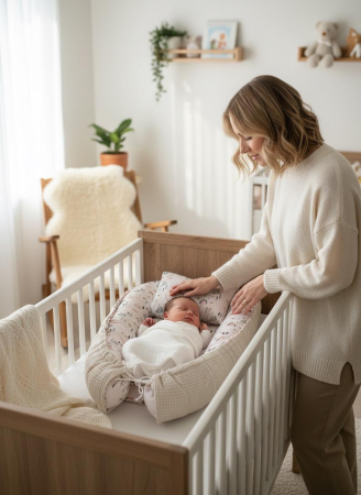 Baby Nest - Baby Nest Reversibil Swan Dream Beige cu Pernă pentru Bebeluși
