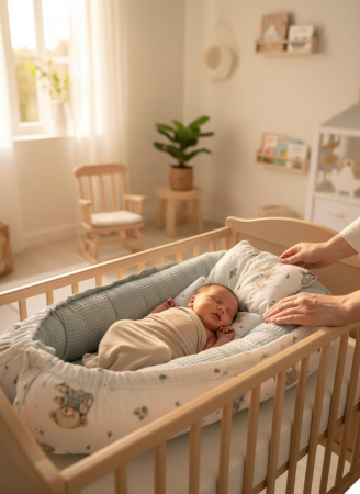 Baby Nest - Baby Nest Reversibil Teddy Blue Mint cu Pernă pentru Bebeluși
