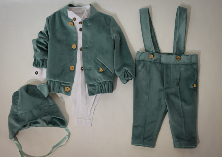 Compleuri elegante baieti 0-18 luni - Compleu Aris din catifea verde menta cu gecuta tip aviator