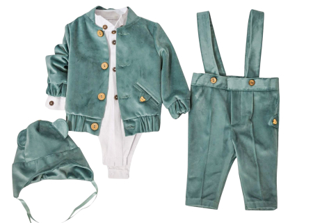 Compleuri elegante baieti 0-18 luni - Compleu Aris din catifea verde menta cu gecuta tip aviator
