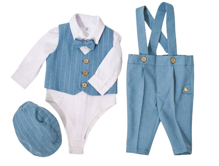 Compleuri elegante baieti 0-18 luni - Compleu elegant Damian turquoise cu dungi albe