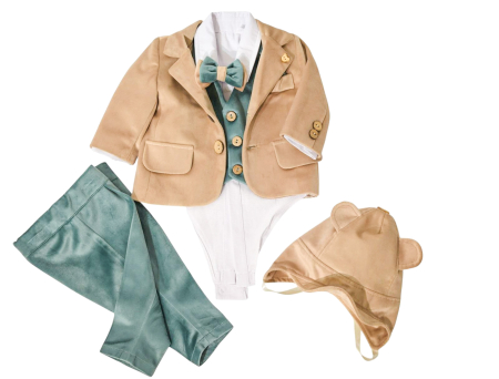 Costume botez - Costum botez bej cu verde din catifea Razvan