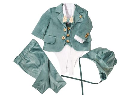 Costume botez - Costum botez verde menta din catifea Razvan