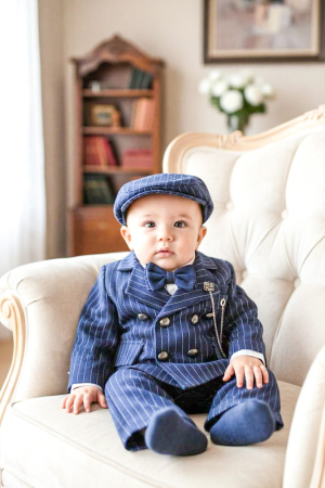 Costume botez - Costum Darius cu nasturi dubli albastru cu dungi albe