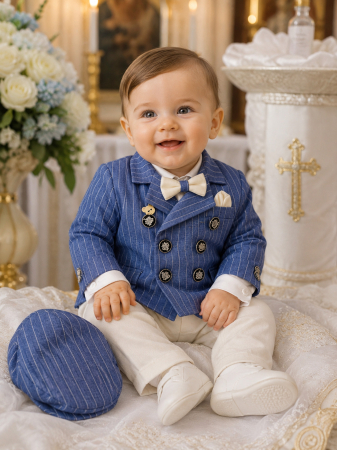 Costume botez - Costum de Botez Elegant Albastru cu Dungi pentru Băieți 0-18 luni