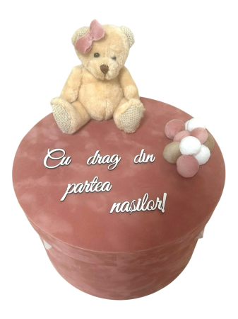 Cutii Trusou - Cutie trusou de botez fetiță roz pudrat cu ursuleț și mesaj „Cu drag din partea nașilor”