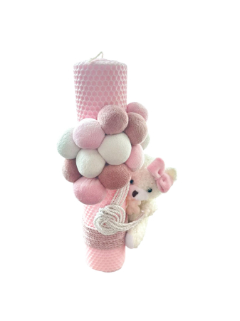 Lumanare Botez - Lumânare de botez roz cu ursuleț, baloane decorative și detalii delicate