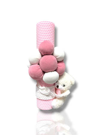 Lumanare Botez - Lumanare de Botez tip fagure roz cu ursulet si baloane