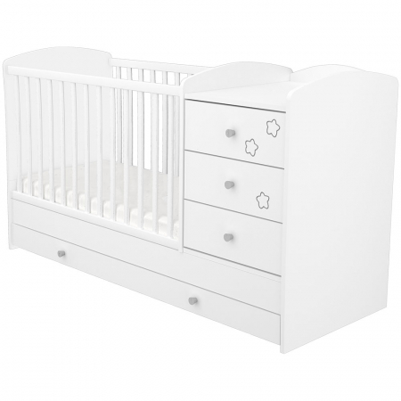Patuturi Transformabile - Patut copii transformabil din lemn cu 4 sertare Hubners Matei Kombi 120x60 cm alb cu stelute