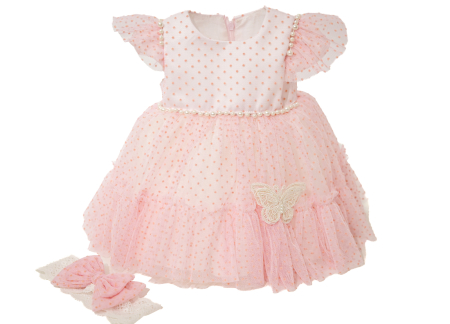 Rochii botez - Rochie Anca Roz cu perlute si maneca scurta