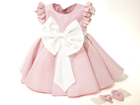 Rochii botez - Rochie botez Rebeca roz praf cu fundite ivoyre si maneca scurta