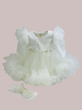 Botez - Rochie din tulle ivoire cu pene si perle Karina