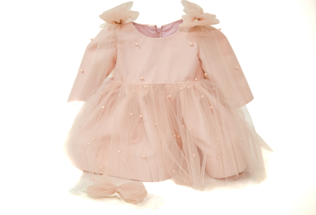 Rochite elegante 2-12 ani - Rochie Leia roz pudra cu perlute