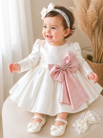 Rochii botez - Rochie Roberta cu funda roz praf
