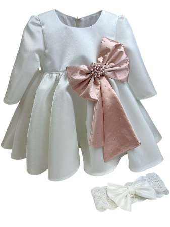 Botez - Rochie Roberta cu funda roz praf