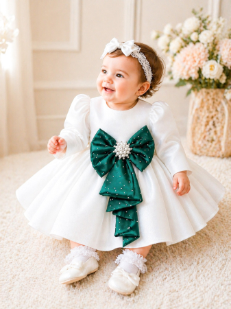 Rochii botez - Rochie Roberta cu funda verde