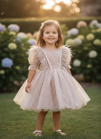 Rochite casual & elegante 0-18 luni - Rochiță Elegantă Beatrice Roz Praf cu Tulle și Pene pentru Fetițe 0-18 luni
