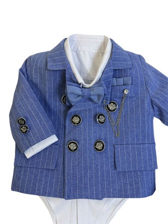Royal Blue Gentleman – Costum botez bebeluși albastru elegant cu papion, sacou cu dungi și lanț decorativ [2]