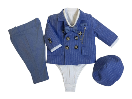Costume botez - Royal Blue Gentleman – Costum botez bebeluși albastru elegant cu papion, sacou cu dungi și lanț decorativ