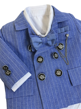 Royal Blue Gentleman – Costum botez bebeluși albastru elegant cu papion, sacou cu dungi și lanț decorativ [1]