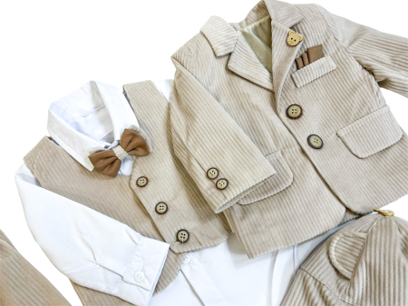 Teddy Classic – Costum botez bebeluși din reiat bej cu papion și batistă, set premium băieți (0-18 luni) [4]