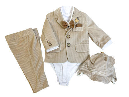 Costume botez - Teddy Classic – Costum botez bebeluși din reiat bej cu papion și batistă, set premium băieți (0-18 luni)