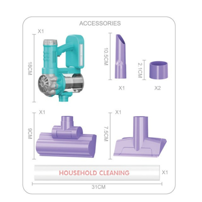 Aspirator de jucarie pentru copii, set curatenie fara fir cu accesorii interschimbabile, functie aspirare simulata, joc de rol casa, 3+ ani [4]