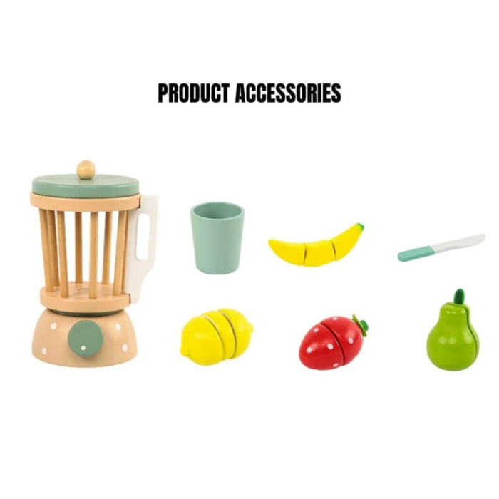 Blender de jucarie din lemn, set bucatarie copii cu fructe de taiat, pahar si accesorii, 3+ ani [7]