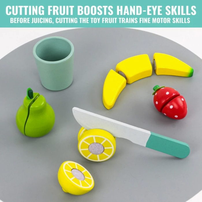 Blender de jucarie din lemn, set bucatarie copii cu fructe de taiat, pahar si accesorii, 3+ ani [6]