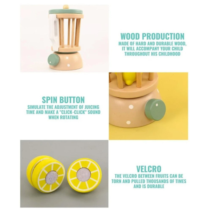 Blender de jucarie din lemn, set bucatarie copii cu fructe de taiat, pahar si accesorii, 3+ ani [4]