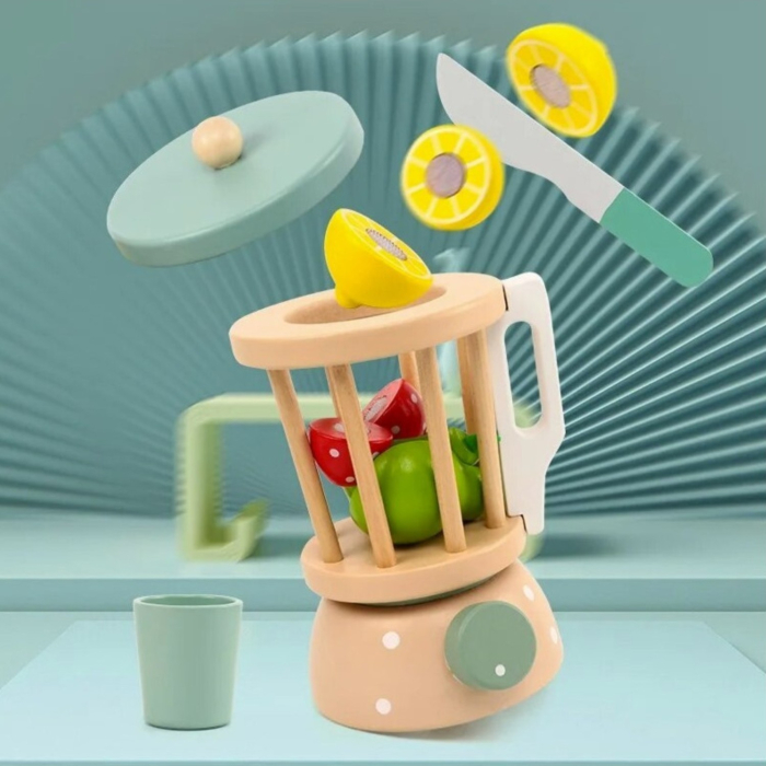 Blender de jucarie din lemn, set bucatarie copii cu fructe de taiat, pahar si accesorii, 3+ ani [2]