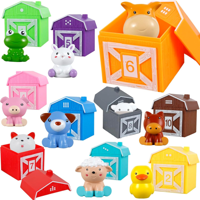set 10 casute colorate numerotate si figurine pentru degete, potrivire culori si numere, motricitate fina, 18 luni+ [2]