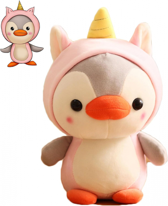 Jucarie de plus, Pinguinul Unicorn, Roz/Gri, 23 cm [3]
