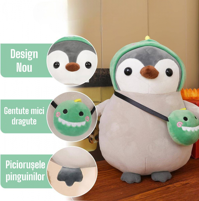 Jucarie de plus, Pinguinul Dinozaur, Gri/Verde, 25 cm [5]