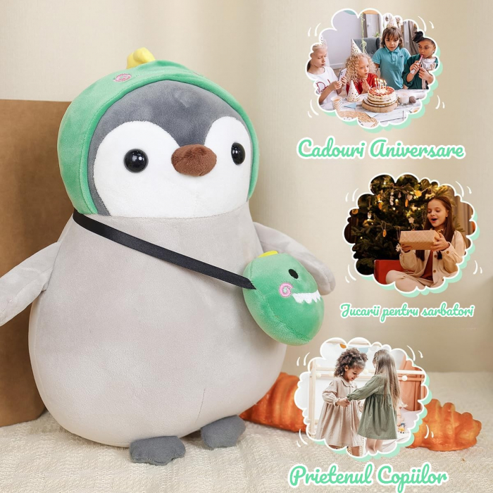 Jucarie de plus, Pinguinul Dinozaur, Gri/Verde, 25 cm [9]