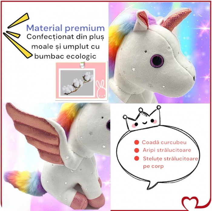 Jucarie de plus, Unicorn cu Aripi de Inger, Alb, 30 cm [2]