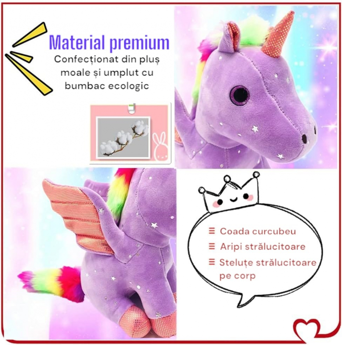 Jucarie de plus, Unicorn cu Aripi de Inger, Mov, 30 cm [2]
