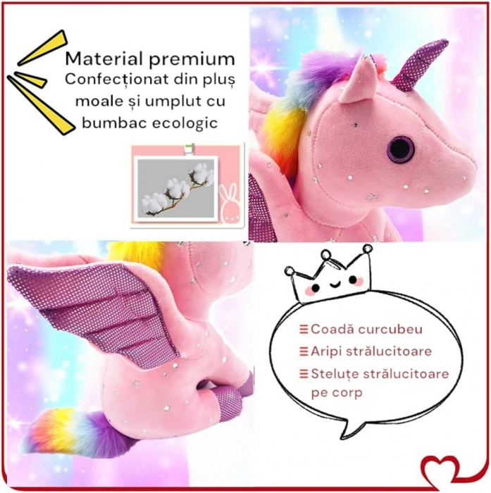 Jucarie de plus, Unicorn cu Aripi de Inger, Roz, 30 cm [2]