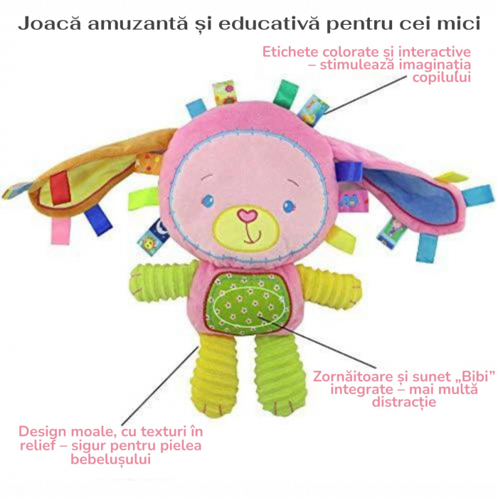 Jucarie senzoriala Iepuras Roz Lila 25 cm bebelusi [4]
