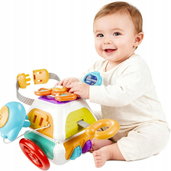 Jucarie senzoriala pentru bebelusi, cub multifunctional cu activitati, coordonare si descoperire, multicolor, 6–24 luni [1]