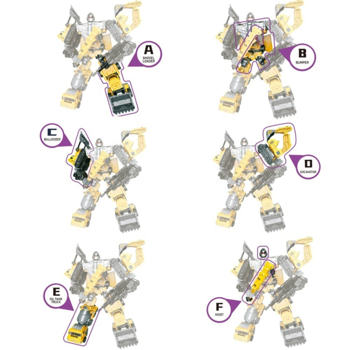 Robot transformabil utilaje constructii, set 6 in 1 cu excavator, buldozer, camion si incarcator, jucarie de asamblare [8]