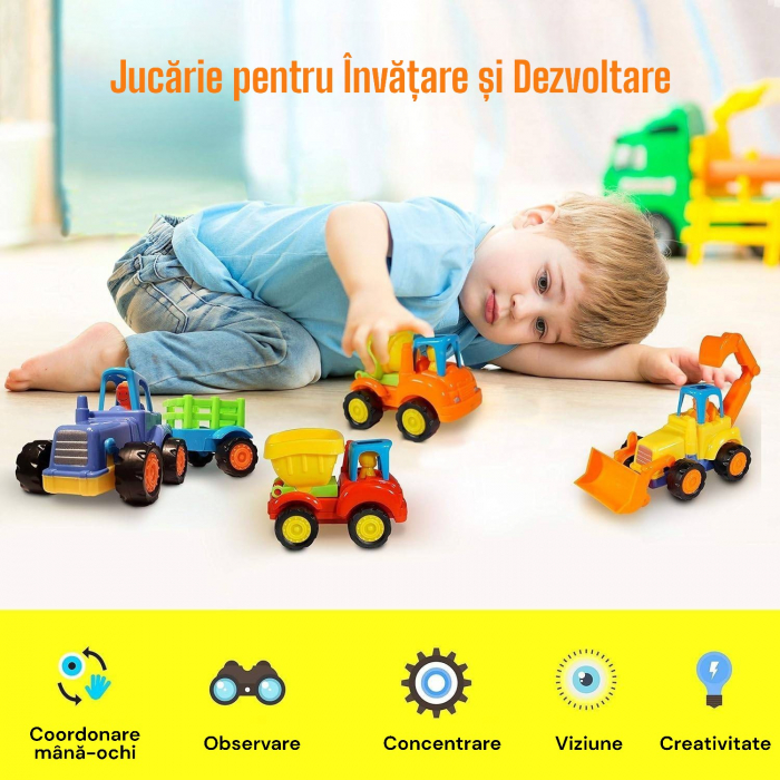 Set 4 Masinute de Constructie pentru Copii, Buldozer, Tractor cu Remorca, Camion Basculant si Betoniera, Jucarii Educative 3+ Ani [2]