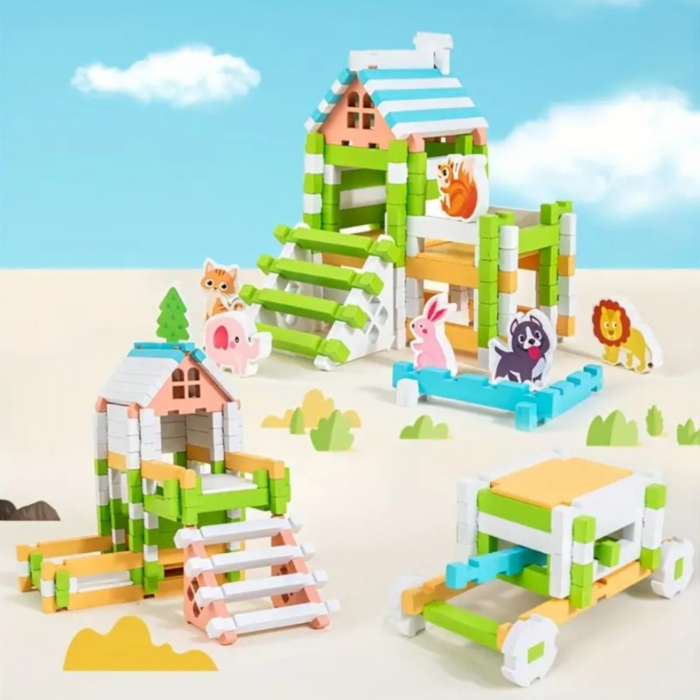 Set constructii din lemn copii 120 piese colorate Montessori [6]