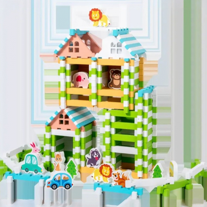 Set constructii din lemn copii 120 piese colorate Montessori [2]