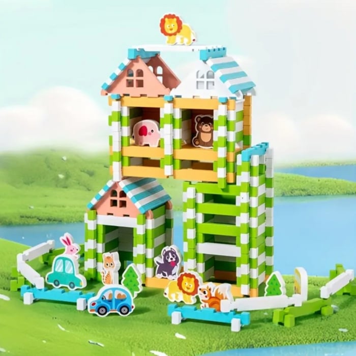 Set constructii din lemn copii 120 piese colorate Montessori [9]