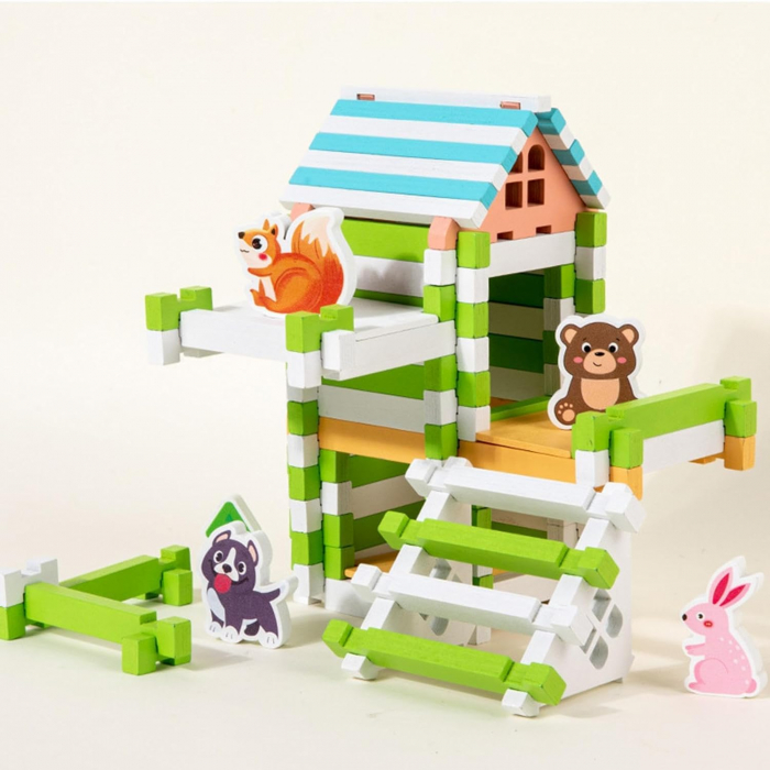 Set constructii din lemn copii 120 piese colorate Montessori [3]