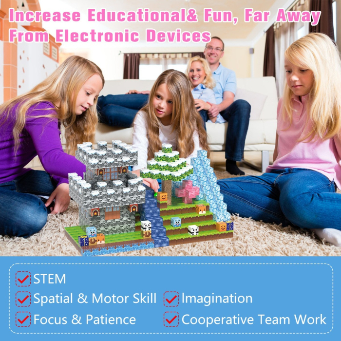 Set cuburi magnetice de constructie, joc educativ STEM cu blocuri magnetice tip pixel, castel medieval 3D, 100 piese, 3+ ani [2]
